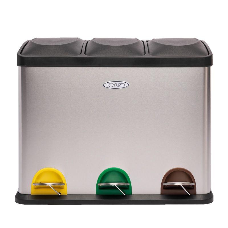 Ceruzo Stainless Steel 45L Recycling Bin with Three Removable 15L Compartments and Pedal Lids.